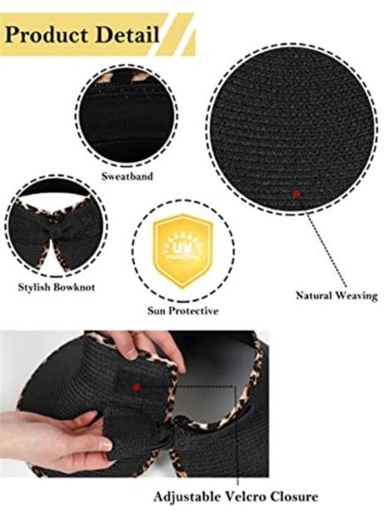 Women\'s Wide Brim UV Protection Sun Hat with Leopard Trim Straw main image 4
